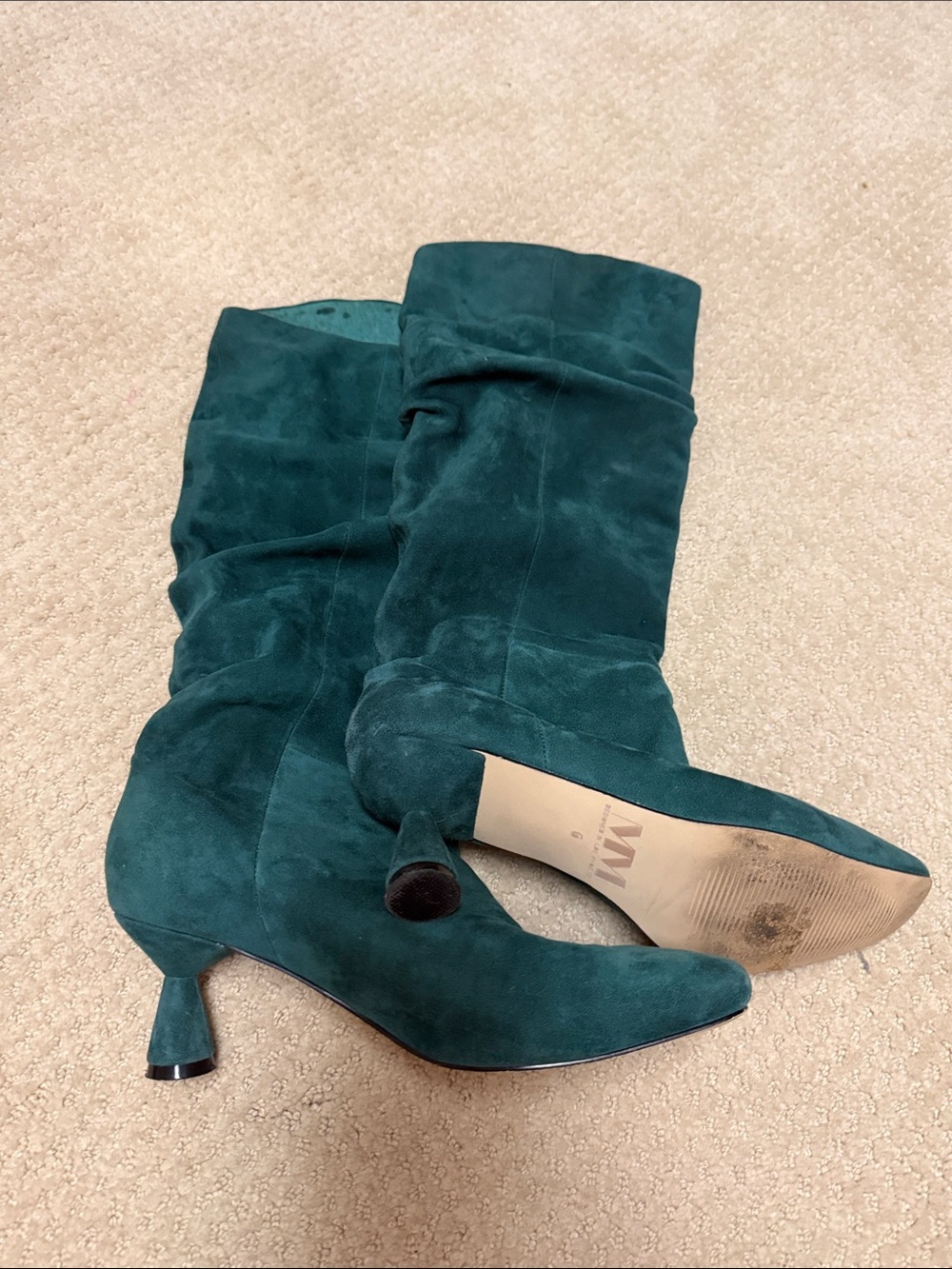 Women’s Teal Suede Mid-Calf Kitten Heel Boots